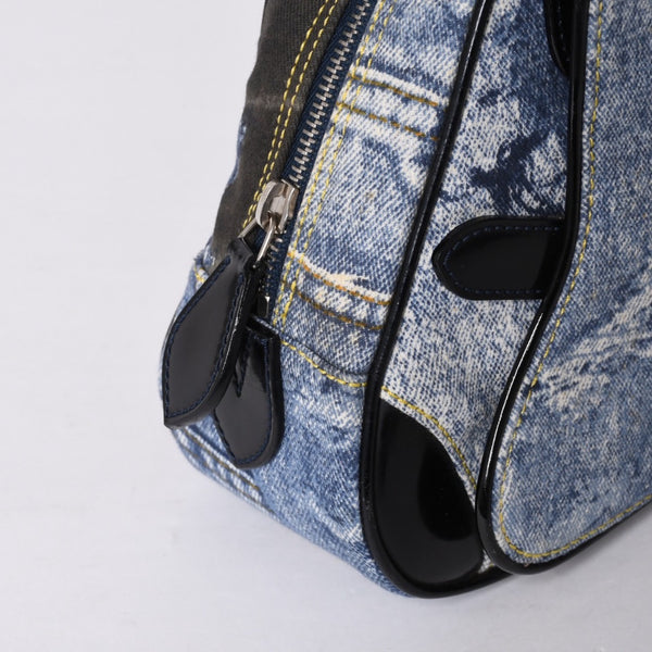 Christian Dior Double Saddle Bag BO H 0101 Denim Print Canvas Navy Good Condition Used 4a000754
