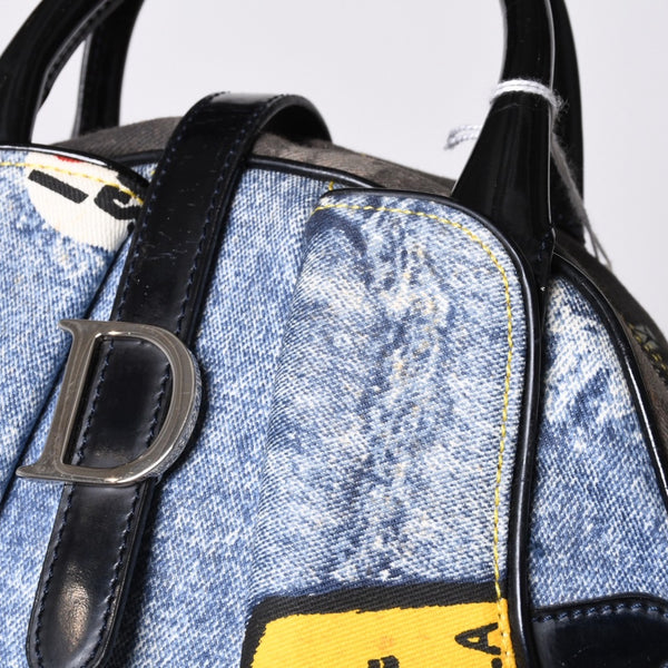 Christian Dior Double Saddle Bag BO H 0101 Denim Print Canvas Navy Good Condition Used 4a000754