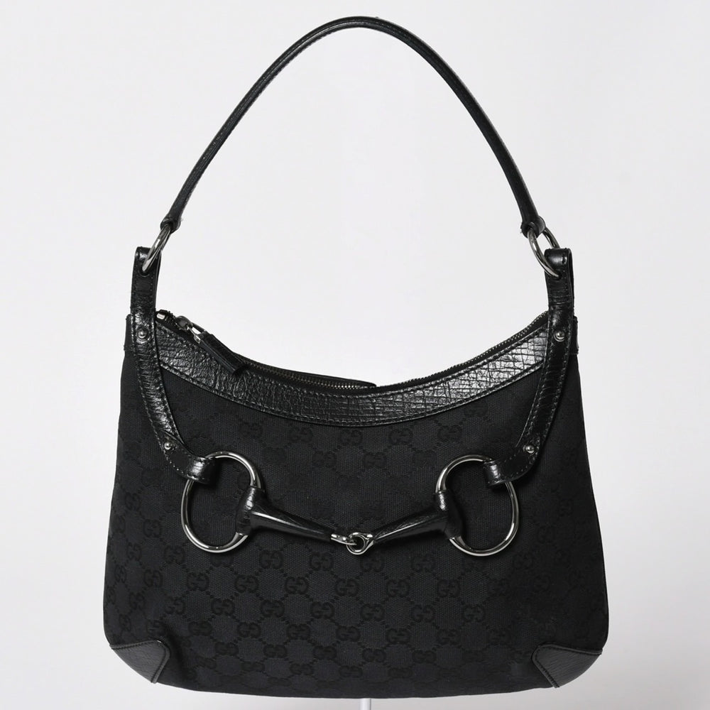 極美品 GUCCI グッチ GGキャンバス ホースビット ショルダーバッグ ワンショルダー セミショルダー レザー ブラック 中古 4a002080