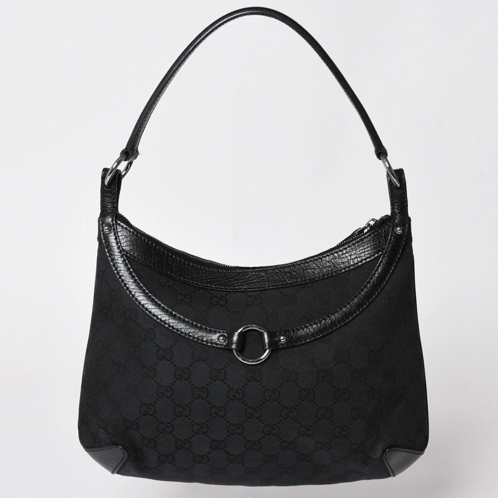 極美品 GUCCI グッチ GGキャンバス ホースビット ショルダーバッグ ワンショルダー セミショルダー レザー ブラック 中古 4a002080