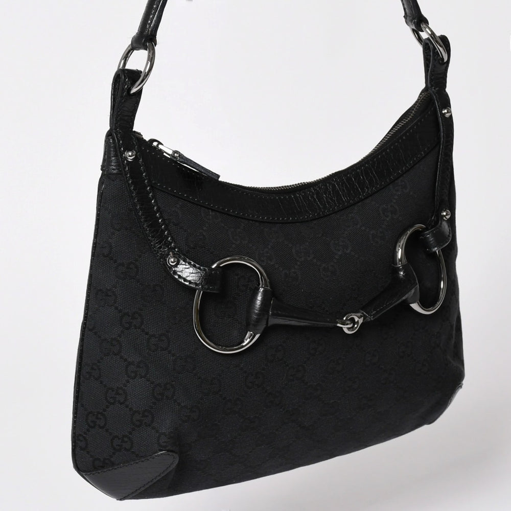 極美品 GUCCI グッチ GGキャンバス ホースビット ショルダーバッグ ワンショルダー セミショルダー レザー ブラック 中古 4a002080