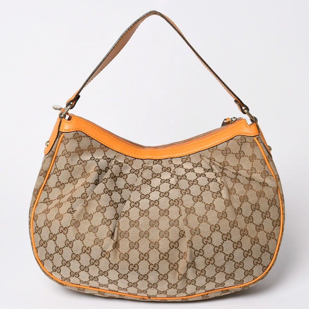 GUCCI グッチ スーキーGGキャンバスワンショルダーバッグ ベージュ オレンジ レザー ホボシェイプ シルバー金具 362726 204991 良品 中古 4a002084