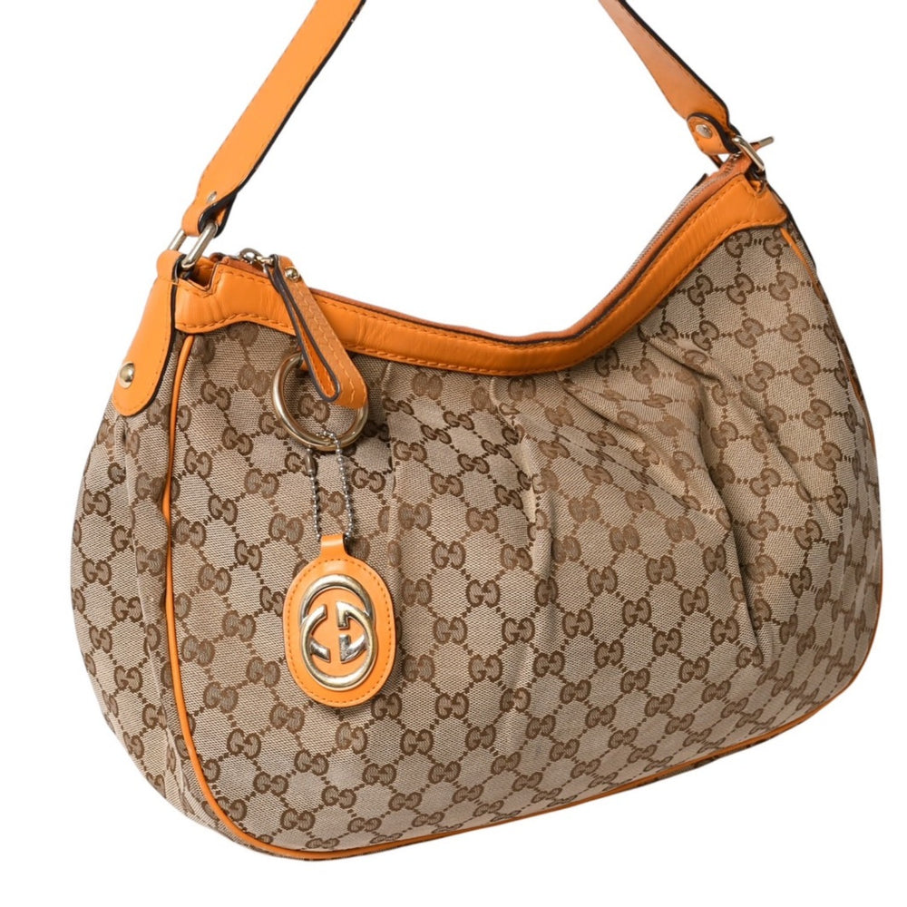 GUCCI グッチ スーキーGGキャンバスワンショルダーバッグ ベージュ オレンジ レザー ホボシェイプ シルバー金具 362726 204991 良品 中古 4a002084