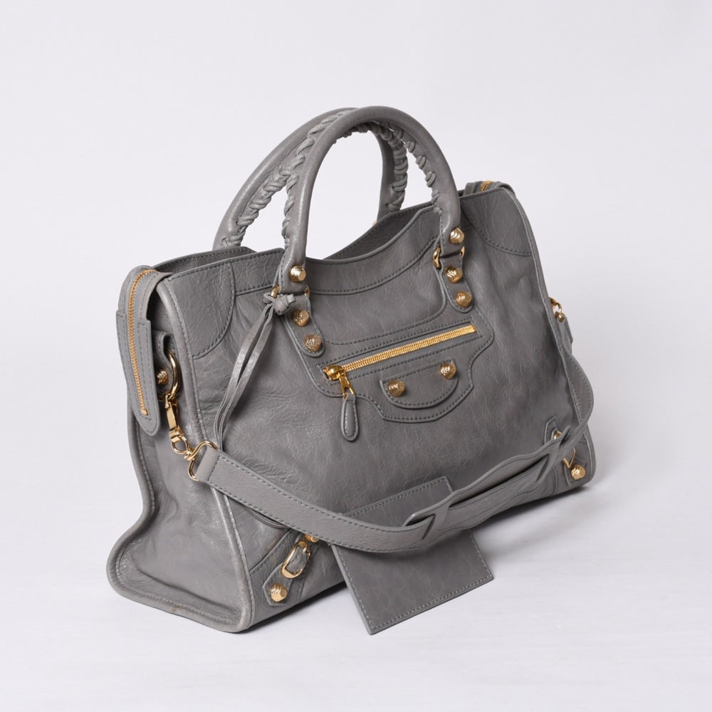 極美品 BALENCIAGA Giant City バレンシアガ ジャイアント シティ 2WAYバッグ 281770 レザー グレー ゴールド金具 中古 4a000614