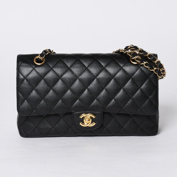 新品同様 CHANEL シャネル マトラッセ25 Wフラップ Wチェーンショルダーバッグ AO1112 13番台 キャビアスキン ゴールド金具 中古 4a001060