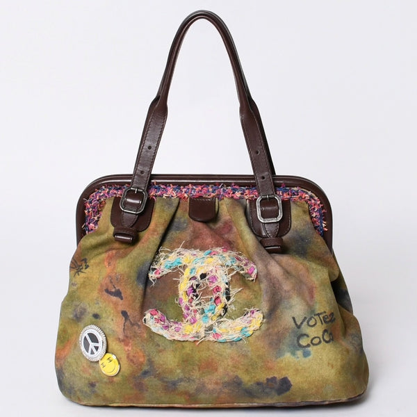 極美品 CHANEL シャネル エンブロイダリー グラフィティ がま口 ハンドバッグ カーキ 20番台 A92791 アンティークシルバー金具 中古 4a001082