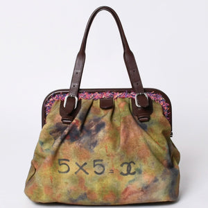 極美品 CHANEL シャネル エンブロイダリー グラフィティ がま口 ハンドバッグ カーキ 20番台 A92791 アンティークシルバー金具 中古 4a001082