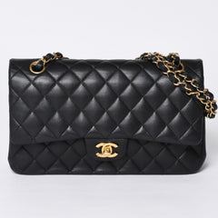 極美品 CHANEL シャネル マトラッセ25 Wフラップ Wチェーンショルダーバッグ A01112 20番台 ラムスキン ココマーク ブラック ゴールド 中古 4a001272