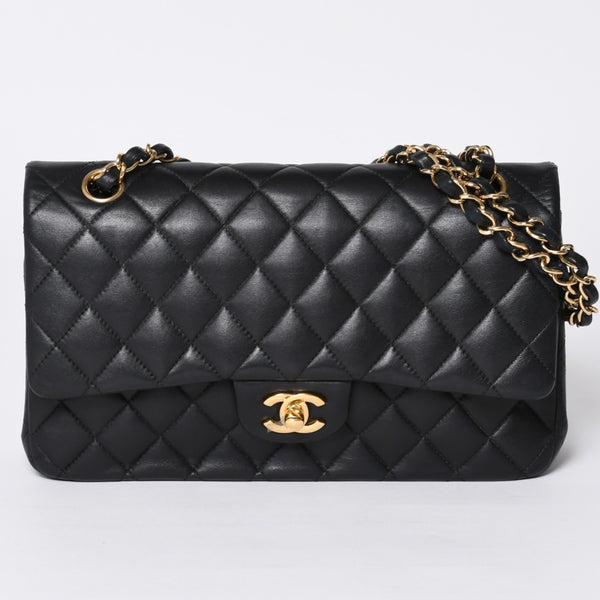 極美品 CHANEL シャネル マトラッセ25 Wフラップ Wチェーンショルダーバッグ A01112 20番台 ラムスキン ココマーク ブラック ゴールド 中古 4a001272