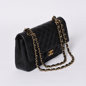 極美品 CHANEL シャネル マトラッセ25 Wフラップ Wチェーンショルダーバッグ A01112 20番台 ラムスキン ココマーク ブラック ゴールド 中古 4a001272