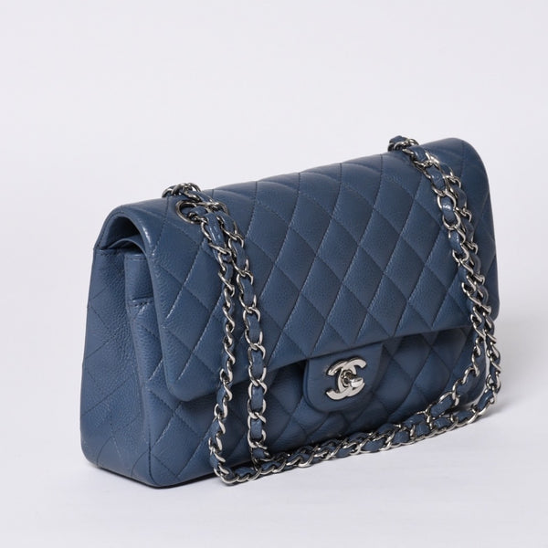 極美品 CHANEL シャネル マトラッセ25 Wフラップ Wチェーンショルダーバッグ AO1112 ブルー系 20番台 キャビアスキン シルバー金具 中古 4a001275