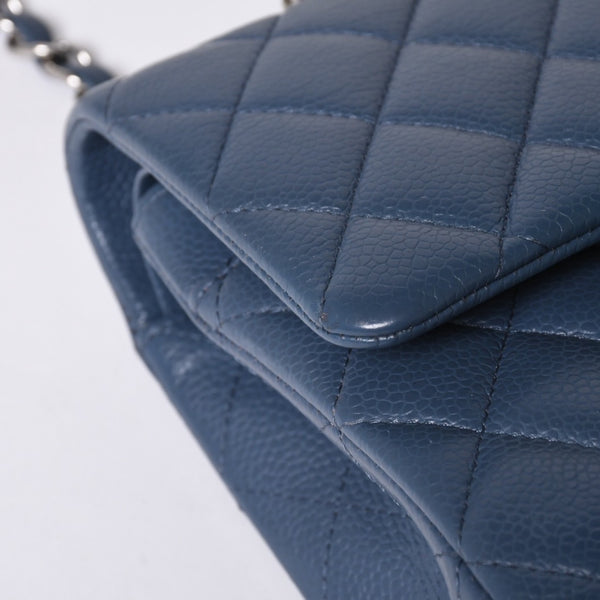 極美品 CHANEL シャネル マトラッセ25 Wフラップ Wチェーンショルダーバッグ AO1112 ブルー系 20番台 キャビアスキン シルバー金具 中古 4a001275