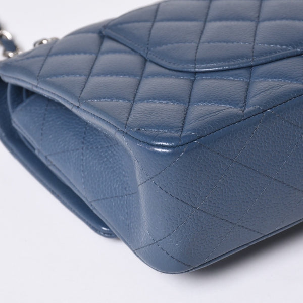 極美品 CHANEL シャネル マトラッセ25 Wフラップ Wチェーンショルダーバッグ AO1112 ブルー系 20番台 キャビアスキン シルバー金具 中古 4a001275