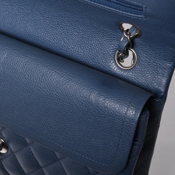 極美品 CHANEL シャネル マトラッセ25 Wフラップ Wチェーンショルダーバッグ AO1112 ブルー系 20番台 キャビアスキン シルバー金具 中古 4a001275