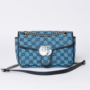 New and unused GUCCI GG Marmont Matelasse Diagonal Canvas Shoulder Bag Blue GG Pattern Chain Used 4a000922