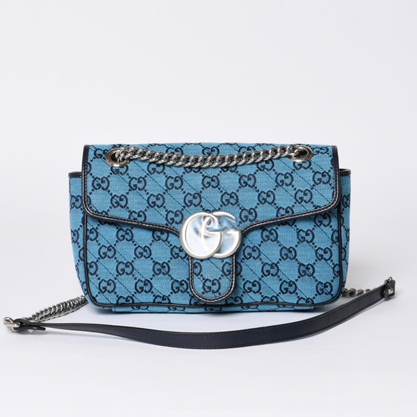 New and unused GUCCI GG Marmont Matelasse Diagonal Canvas Shoulder Bag Blue GG Pattern Chain Used 4a000922