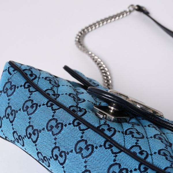 New and unused GUCCI GG Marmont Matelasse Diagonal Canvas Shoulder Bag Blue GG Pattern Chain Used 4a000922