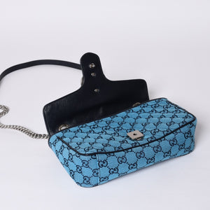 New and unused GUCCI GG Marmont Matelasse Diagonal Canvas Shoulder Bag Blue GG Pattern Chain Used 4a000922