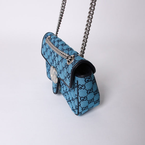 New and unused GUCCI GG Marmont Matelasse Diagonal Canvas Shoulder Bag Blue GG Pattern Chain Used 4a000922