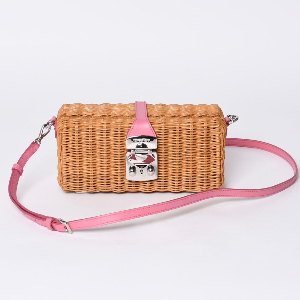 MIUMIU ミュウミュウ ショルダーバッグ カゴバッグ バスケット ラタン ピンク ブラウン シルバー金具 美品 中古 4a000938
