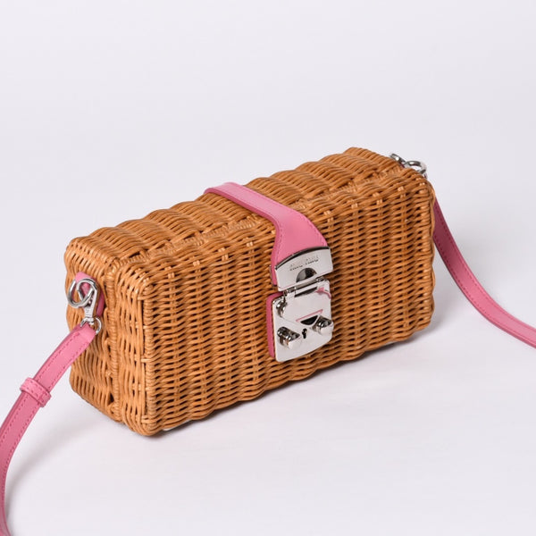 MIUMIU ミュウミュウ ショルダーバッグ カゴバッグ バスケット ラタン ピンク ブラウン シルバー金具 美品 中古 4a000938
