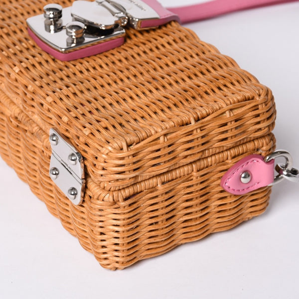 MIUMIU ミュウミュウ ショルダーバッグ カゴバッグ バスケット ラタン ピンク ブラウン シルバー金具 美品 中古 4a000938