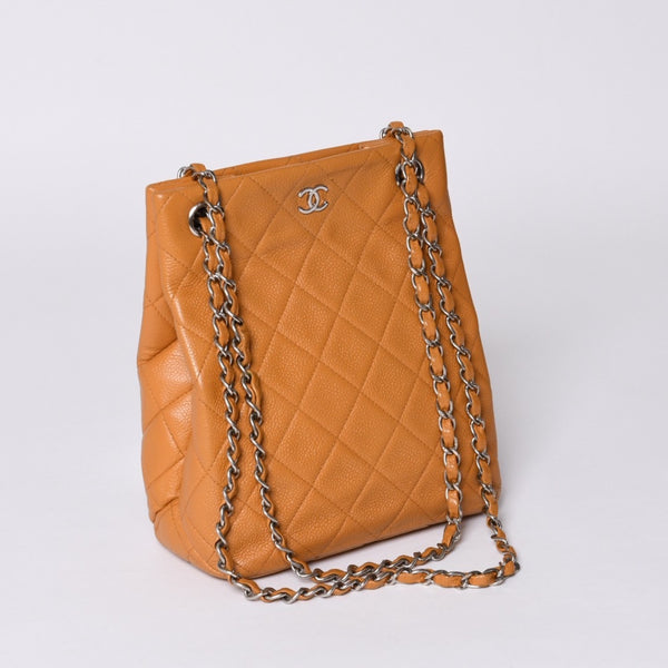 CHANEL Chain Shoulder Bag No. 5 Coco Mark Caviar Skin Light Brown Silver Hardware Good Condition Used 4a001120