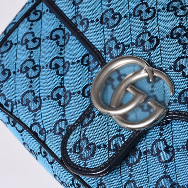 New and unused GUCCI GG Marmont Matelasse Diagonal Canvas Shoulder Bag Blue GG Pattern Chain Used 4a000922