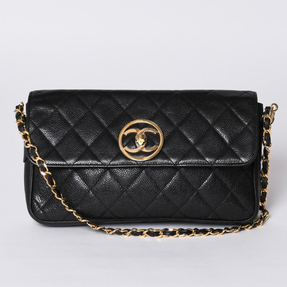 CHANEL シャネル Sフラップ Sチェーンショルダーバッグ 2番台 ココマーク キャビアスキン ブラック ゴールド金具 美品 中古 4a000931