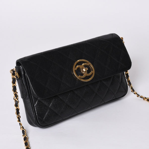 CHANEL シャネル Sフラップ Sチェーンショルダーバッグ 2番台 ココマーク キャビアスキン ブラック ゴールド金具 美品 中古 4a000931