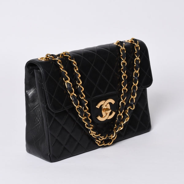 極美品 CHANEL シャネル デカマトラッセ30 SフラップWチェーンショルダーバッグ 4番台 ココマーク ラムスキン ブラック 中古 4a000899