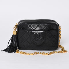 Very Good Condition CHANEL Chain Shoulder Bag No. 1 Coco Mark Lambskin Quilted Fringe Black Used 4a000929