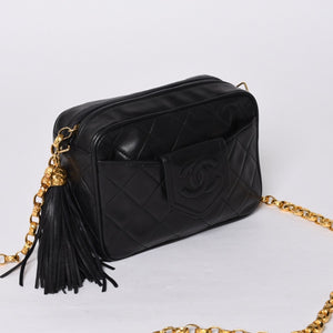 Very Good Condition CHANEL Chain Shoulder Bag No. 1 Coco Mark Lambskin Quilted Fringe Black Used 4a000929