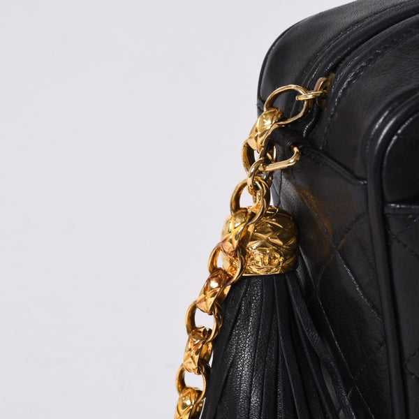 Very Good Condition CHANEL Chain Shoulder Bag No. 1 Coco Mark Lambskin Quilted Fringe Black Used 4a000929