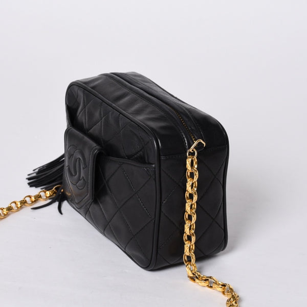 Very Good Condition CHANEL Chain Shoulder Bag No. 1 Coco Mark Lambskin Quilted Fringe Black Used 4a000929
