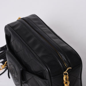 Very Good Condition CHANEL Chain Shoulder Bag No. 1 Coco Mark Lambskin Quilted Fringe Black Used 4a000929