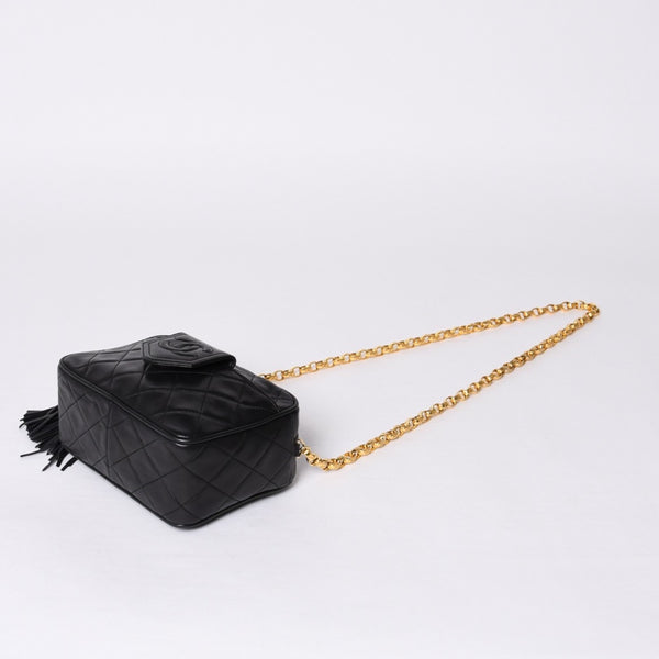 Very Good Condition CHANEL Chain Shoulder Bag No. 1 Coco Mark Lambskin Quilted Fringe Black Used 4a000929