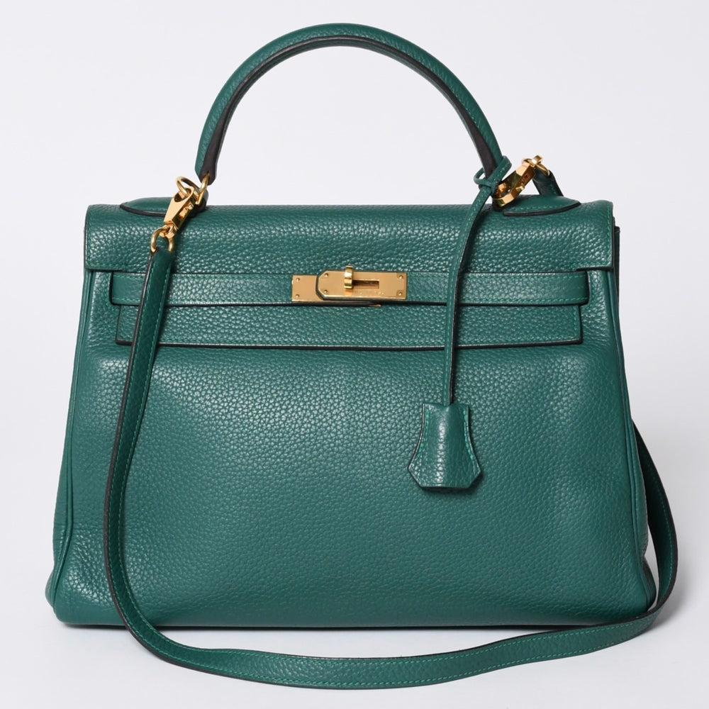 極美品 HERMES エルメス ケリー32 内縫い □Q刻印 トリヨンクレマンス グリーン シルバー金具 ハンドバッグ 2WAY 中古 4a001265