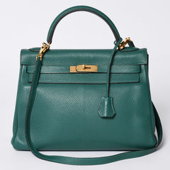 極美品 HERMES エルメス ケリー32 内縫い □Q刻印 トリヨンクレマンス グリーン シルバー金具 ハンドバッグ 2WAY 中古 4a001265