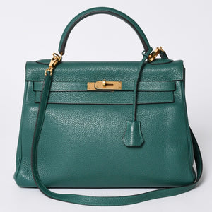 極美品 HERMES エルメス ケリー32 内縫い □Q刻印 トリヨンクレマンス グリーン シルバー金具 ハンドバッグ 2WAY 中古 4a001265