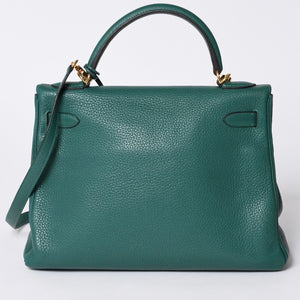 極美品 HERMES エルメス ケリー32 内縫い □Q刻印 トリヨンクレマンス グリーン シルバー金具 ハンドバッグ 2WAY 中古 4a001265