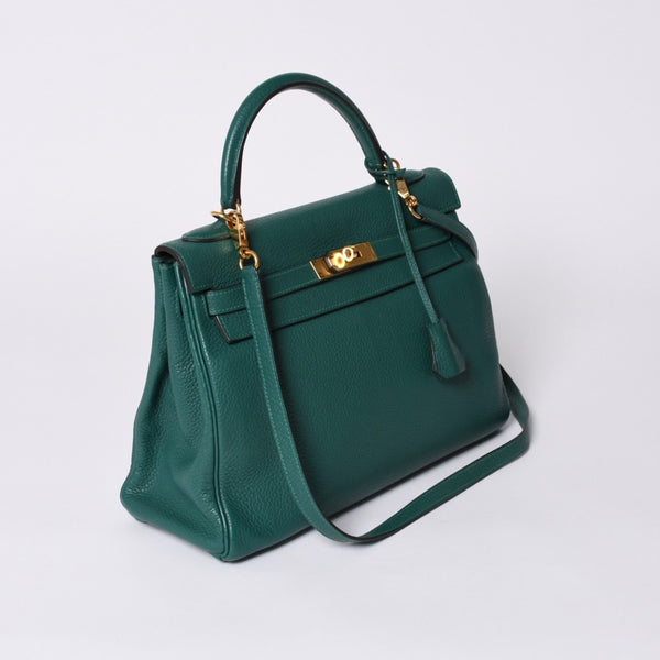 極美品 HERMES エルメス ケリー32 内縫い □Q刻印 トリヨンクレマンス グリーン シルバー金具 ハンドバッグ 2WAY 中古 4a001265