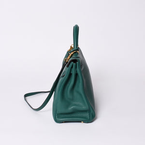 極美品 HERMES エルメス ケリー32 内縫い □Q刻印 トリヨンクレマンス グリーン シルバー金具 ハンドバッグ 2WAY 中古 4a001265