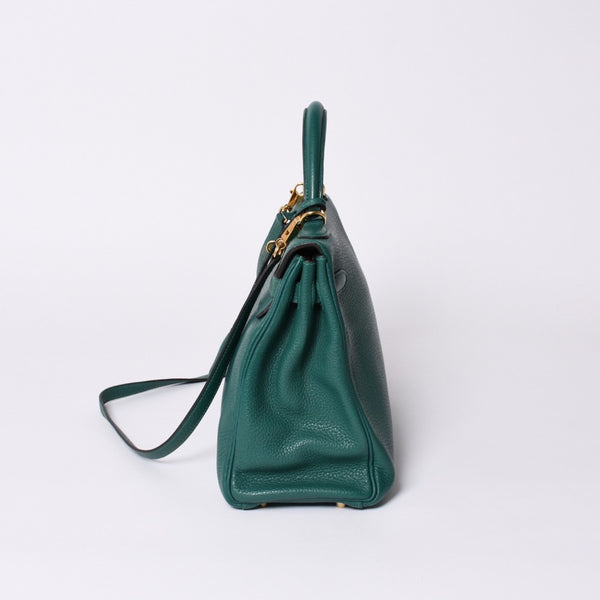 極美品 HERMES エルメス ケリー32 内縫い □Q刻印 トリヨンクレマンス グリーン シルバー金具 ハンドバッグ 2WAY 中古 4a001265