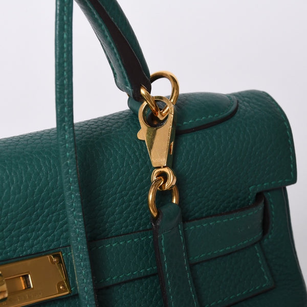 極美品 HERMES エルメス ケリー32 内縫い □Q刻印 トリヨンクレマンス グリーン シルバー金具 ハンドバッグ 2WAY 中古 4a001265