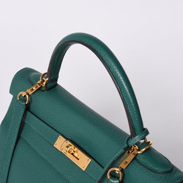 極美品 HERMES エルメス ケリー32 内縫い □Q刻印 トリヨンクレマンス グリーン シルバー金具 ハンドバッグ 2WAY 中古 4a001265