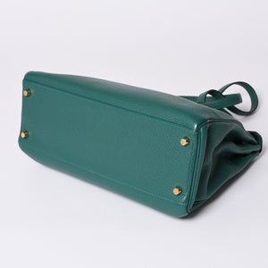 極美品 HERMES エルメス ケリー32 内縫い □Q刻印 トリヨンクレマンス グリーン シルバー金具 ハンドバッグ 2WAY 中古 4a001265