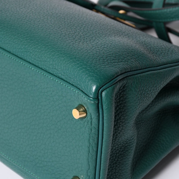 極美品 HERMES エルメス ケリー32 内縫い □Q刻印 トリヨンクレマンス グリーン シルバー金具 ハンドバッグ 2WAY 中古 4a001265