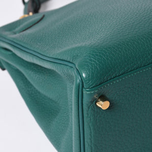 極美品 HERMES エルメス ケリー32 内縫い □Q刻印 トリヨンクレマンス グリーン シルバー金具 ハンドバッグ 2WAY 中古 4a001265