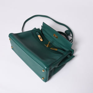 極美品 HERMES エルメス ケリー32 内縫い □Q刻印 トリヨンクレマンス グリーン シルバー金具 ハンドバッグ 2WAY 中古 4a001265